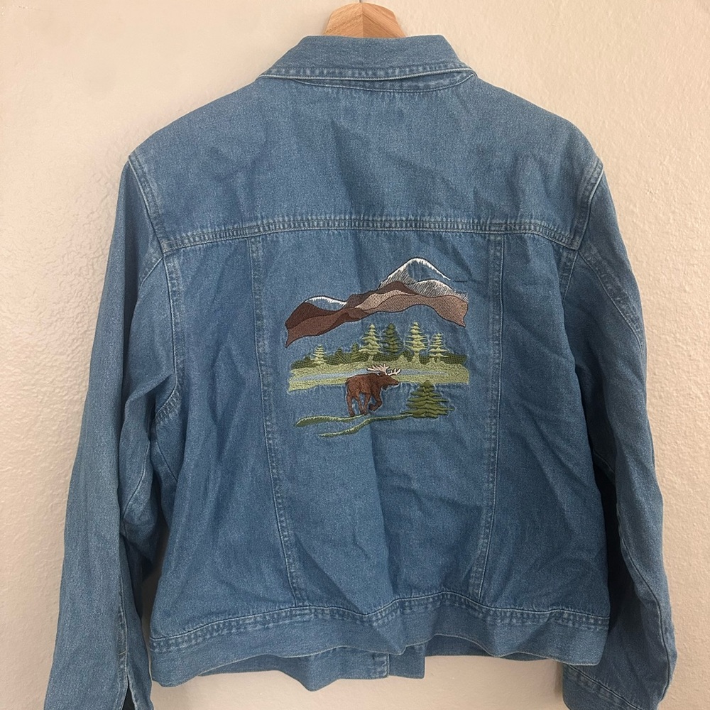 Embroidered Denim Shirt with Mountain Scene